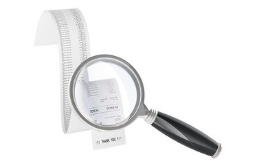 Poster - Printed receipt, bill with loupe, magnifying glass. Product search, concept. 3D rendering isolated on transparent background