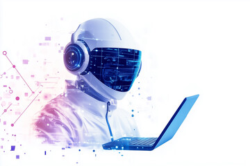 Poster - A humanoid figure with a helmet and headphones interacts with a laptop amid digital data visuals