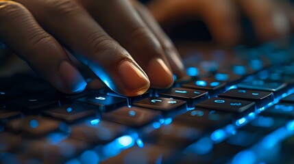 Poster - Female hands typing on illuminated keyboard in dark environment, perfect for cybersecurity, technology, or digital communication concepts in business and IT sectors.