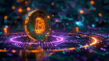 Poster - Digital cryptocurrency bitcoin symbol glowing in glass sphere with futuristic circuit pattern and purple neon lights, perfect for finance and blockchain technology concepts.