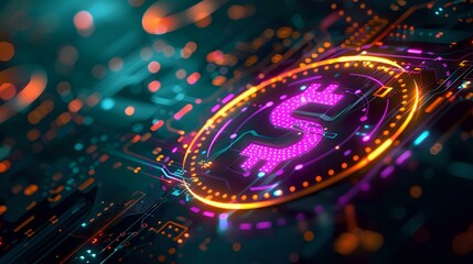 Poster - Glowing digital cryptocurrency symbol with purple and gold neon lights on circuit board background, perfect for financial technology and digital payment concepts.