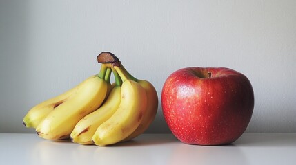 Poster - A Bunch of Bananas and a Red Apple on a White Surface