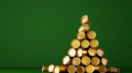 Poster - Stack of gold cans on a green background. The cans are piled on top of each other, creating a pyramid shape. Concept of wealth and abundance, as the gold cans are stacked high