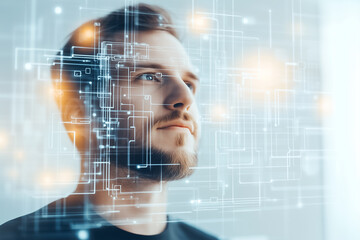 Poster - A man gazes thoughtfully, surrounded by abstract digital designs representing advanced technology and innovation