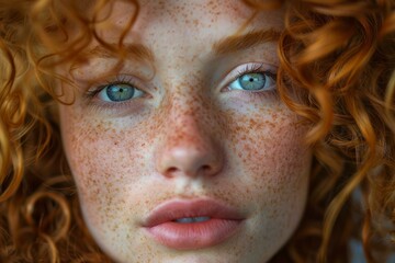 Wall Mural - Close up portrait highlighting the natural beauty of a caucasian woman with red hair, freckles, and captivating eyes