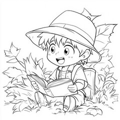 Sticker - A fantasy explorer discovering hidden realms, anime coloring page for kids, simple outline illustration. Coloring book, simple lines.