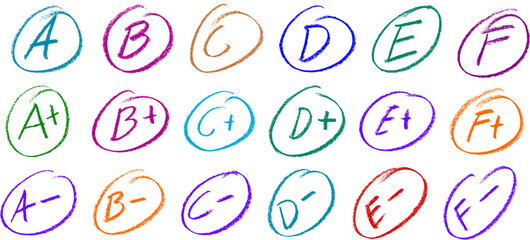 Wall Mural - School Grades Plus Minus from A to F  Crayon Chalk Drawing Vector Set