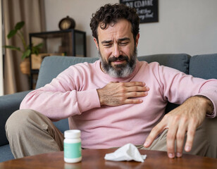 Shot of a senior man suffering from a headache at home. Worried senior man sitting alone in his home. This headache really hurts. My head is killing me