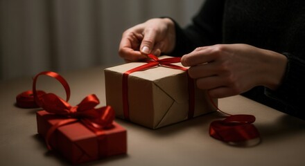 Wrapping red ribbon on handmade gift box