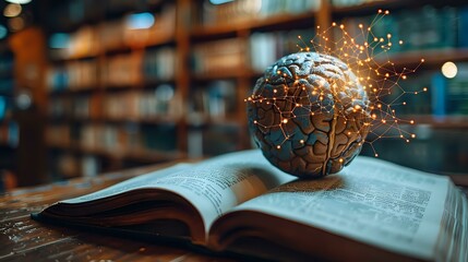 Poster - Magical glowing sphere floating above open book pages in library setting, perfect for education, knowledge and fantasy concepts. Creative conceptual composition with bokeh lighting effects.