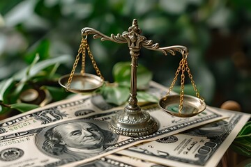 Poster - Justice and financial law concept with vintage brass scales of justice balancing on dollar banknotes against green natural background, legal and business composition.