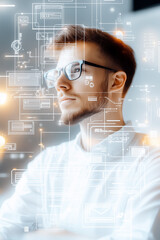 Poster - A tech-savvy professional engages with digital data, enhancing his analytical capabilities in a contemporary workspace
