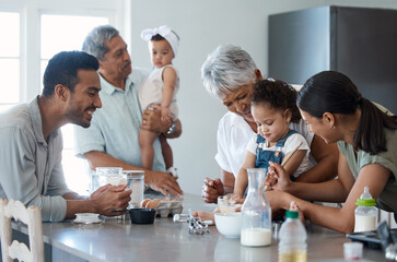 Generations, happy family and baking in home kitchen, teaching kids and baby mix in bowl. Grandmother, grandfather and parents cooking with children, help and people learning together for support