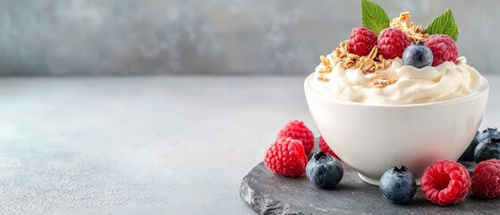 Wall Mural - A bowl of yogurt with berries and granola on a slate board