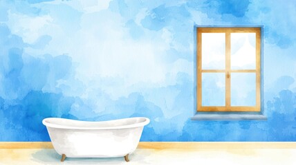Poster - Bright and Clean Bathtub with Sparkling Bubbles in a Beautiful Blue Watercolor Room