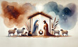 © melita - Nativity scene in Bethlehem. Watercolor painting. Christmas scene illustration showing holy family baby Jesus in the manger Joseph and Mary. Banner - copy space © melita - Nativity scene in Bethlehem. Watercolor painting. Christmas scene illustration showing holy family baby Jesus in the manger Joseph and Mary. Banner - copy space
