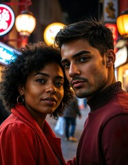 A young couple, the man of South Asian descent with short hair and the woman of African descent with an afro hairstyle, situated in a brightly lit street at night, with neon signs and lanterns glowing