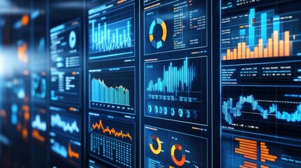 Poster - A modern workspace features a high-tech digital dashboard filled with intricate data analytics and performance metrics, showcasing various graphs and charts during daylight hours
