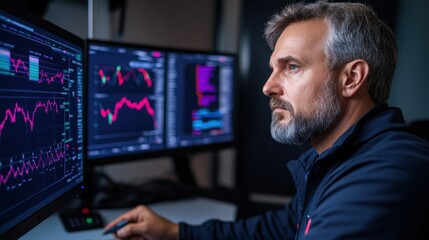 Poster - An analyst deeply analyzes financial charts and trends on several large computer monitors, showing a concentrated effort to interpret complex data in a contemporary office environment