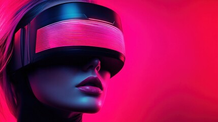 Poster - A person fully immersed in a virtual reality experience, wearing a sleek headset that emits bright pink and blue hues, surrounded by a vivid, high-tech background