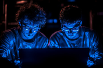 Poster - Two people are intently working on a laptop while illuminated by a striking blue glow, highlighting their concentration