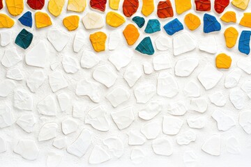 Poster - Colorful Mosaic of Porcelain Shards with Colored Glass Highlights on a White Background, Ideal for Art and Design Inspirations