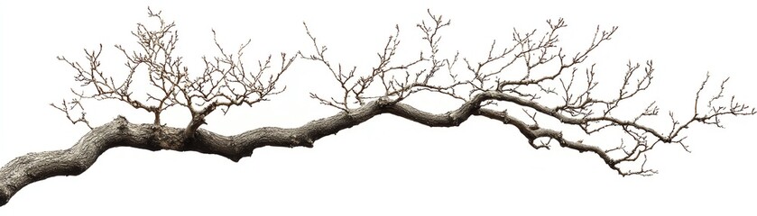 A detailed image of a bare tree branch showcasing intricate twists and turns against a white background, perfect for nature themes.