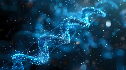 Poster - Glowing blue DNA strand molecule structure on dark background with bokeh effect, perfect for medical research and biotechnology presentations.
