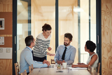 Aufkleber - Partnership, meeting and business people with tablet, brainstorming and project planning for ideas. Branding agency, diversity and team director for creative, b2b and workshop discussion in office