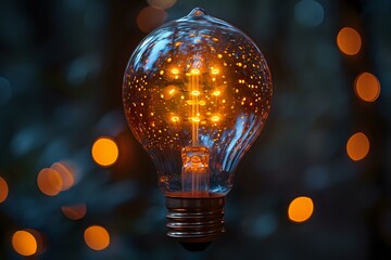 Poster - Glowing light bulb with warm fairy lights reflection creating magical bokeh effect, perfect for creative and inspirational concepts in business or innovation.