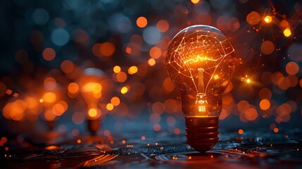 Poster - Glowing light bulb with brain filament on dark background with orange bokeh lights, symbolizing creative thinking and innovation in business solutions.