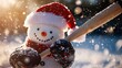 © Vodkaz - A cheerful snowman in a Santa hat holding a baseball bat in a snowy landscape.