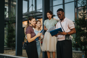 A diverse group of business people engaged in a business meeting outdoors, sharing ideas and collaborating in a modern urban environment.