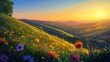 © ROY - A vibrant field of wildflowers blooms on a hilltop overlooking a valley at sunset.
