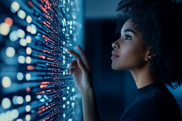 Poster - A focused woman engages with data on an illuminated digital screen, embodying expertise and concentration in a dark, modern environment with futuristic elements.