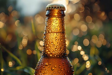 Poster - Close-up of a chilled amber beer bottle covered in condensation, with a golden cap and blurred bokeh background. Perfect for themes of refreshment, beverages, and relaxation.