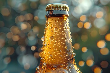 Poster - Close-up of a chilled amber beer bottle covered in condensation, with a golden cap and blurred bokeh background. Perfect for themes of refreshment, beverages, and relaxation.