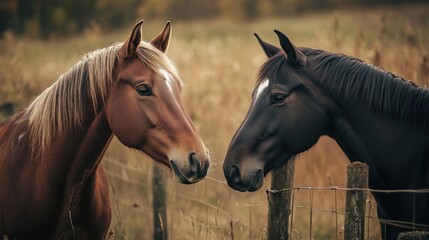 Canvas Print - Two Horses Gazing at Each Other Through a Fence