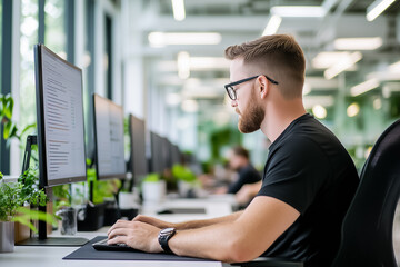Poster - A man types on a keyboard at an office desk surrounded by natural light and greenery, demonstrating productivity