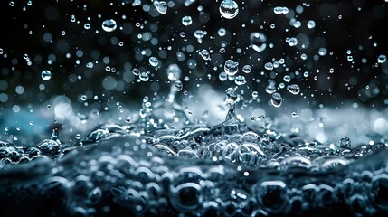 Poster - Dramatic macro shot of rain drops falling and splashing on dark wet surface creating dynamic water ripples and bokeh effect in moody blue tones perfect for weather concepts.