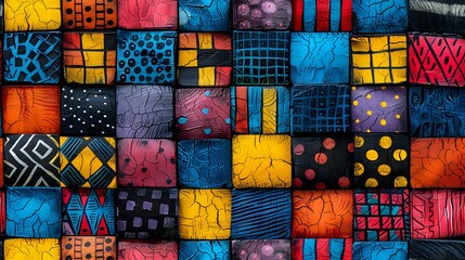 Poster - Vibrant patchwork pattern of traditional African textile designs featuring geometric shapes and tribal motifs in bold colors perfect for cultural backgrounds and ethnic design projects.