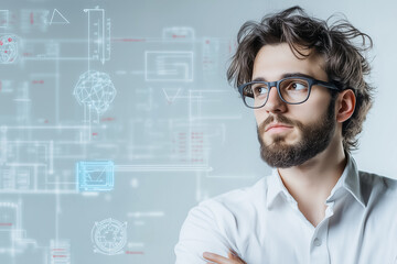Poster - A thoughtful professional contemplating advancements in technology amidst digital elements in a modern workspace