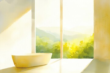 Poster - Soft Reflections in a Sparkling Bathroom Mirror with Natural Light Illuminating a Serene Landscape Through Large Windows