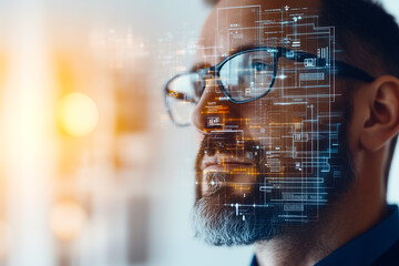 Poster - A man in glasses contemplates tech ideas in a modern office, highlighting creativity and innovation