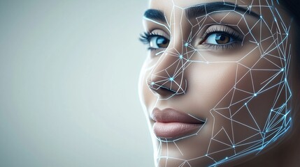 Wall Mural - arab woman faces with blue digital face mapping lines for beauty and technology concept.