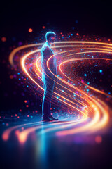 Poster - A lone figure is surrounded by vibrant, swirling lights symbolizing energy and creativity in a dark setting