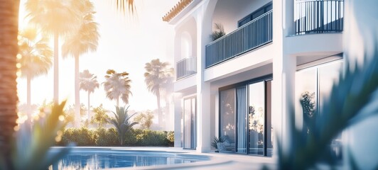 A banner for a real estate advertisement, featuring a clean, professional layout with blue and white tones, highlighting a luxurious property in the background