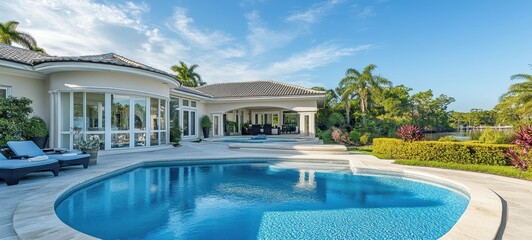 A banner for a real estate advertisement, featuring a clean, professional layout with blue and white tones, highlighting a luxurious property in the background