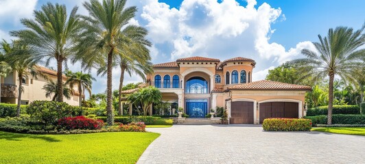 A banner for a real estate advertisement, featuring a clean, professional layout with blue and white tones, highlighting a luxurious property in the background