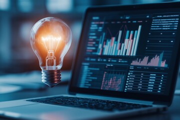 Poster - A glowing light bulb hovers over a laptop displaying analytics charts, symbolizing innovative ideas in business data analysis and technology solutions.